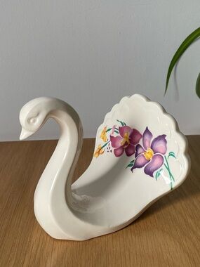 Vintage Ceramic Swan Towel Holder Caddy with Purple Floral Design Japan